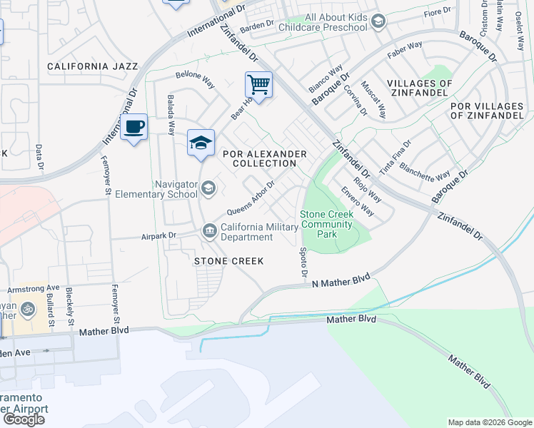 map of restaurants, bars, coffee shops, grocery stores, and more near 10825 Portico Circle in Rancho Cordova