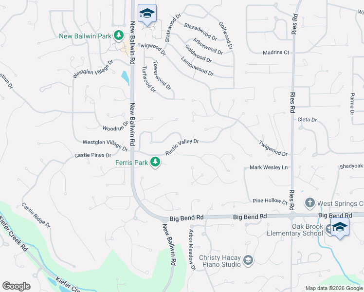 map of restaurants, bars, coffee shops, grocery stores, and more near 664 Rustic Valley Drive in Ballwin