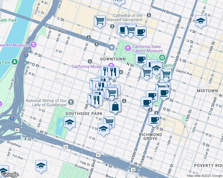 map of restaurants, bars, coffee shops, grocery stores, and more near 1035 Q Street in Sacramento