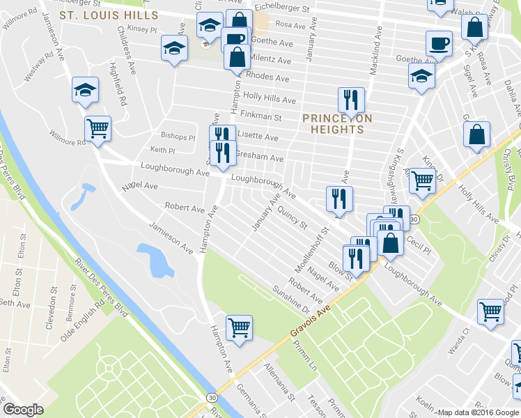 map of restaurants, bars, coffee shops, grocery stores, and more near 5411 Blow Street in St. Louis