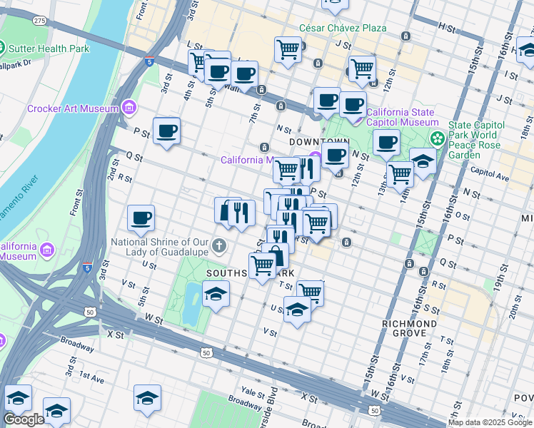 map of restaurants, bars, coffee shops, grocery stores, and more near 77 Quill Alley in Sacramento