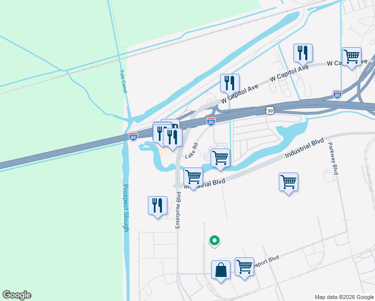 map of restaurants, bars, coffee shops, grocery stores, and more near 3985 Lake Road in West Sacramento