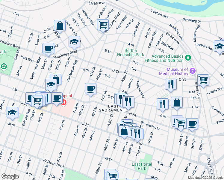 map of restaurants, bars, coffee shops, grocery stores, and more near 4432 F Street in Sacramento