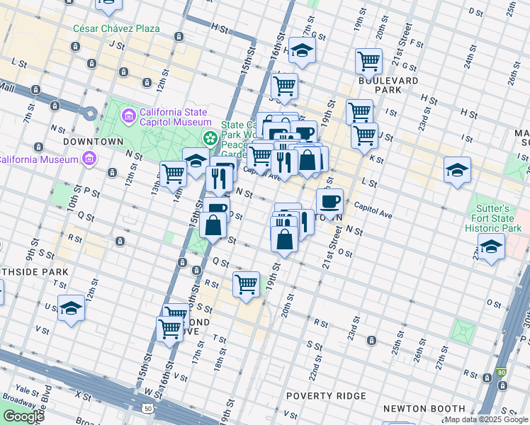 map of restaurants, bars, coffee shops, grocery stores, and more near Neighbors Alley in Sacramento