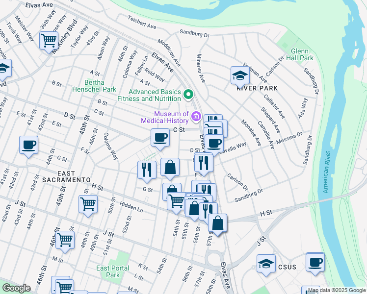 map of restaurants, bars, coffee shops, grocery stores, and more near 5315 D Street in Sacramento