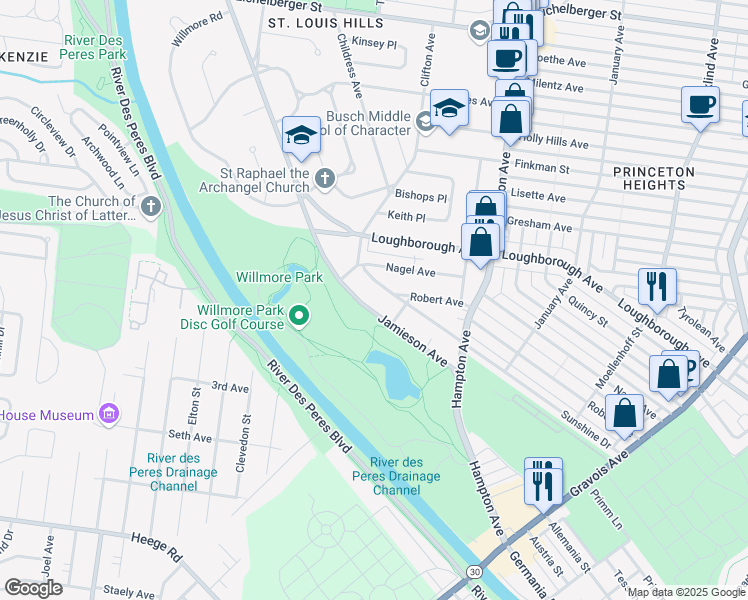 map of restaurants, bars, coffee shops, grocery stores, and more near 7028 Jamieson Avenue in St. Louis