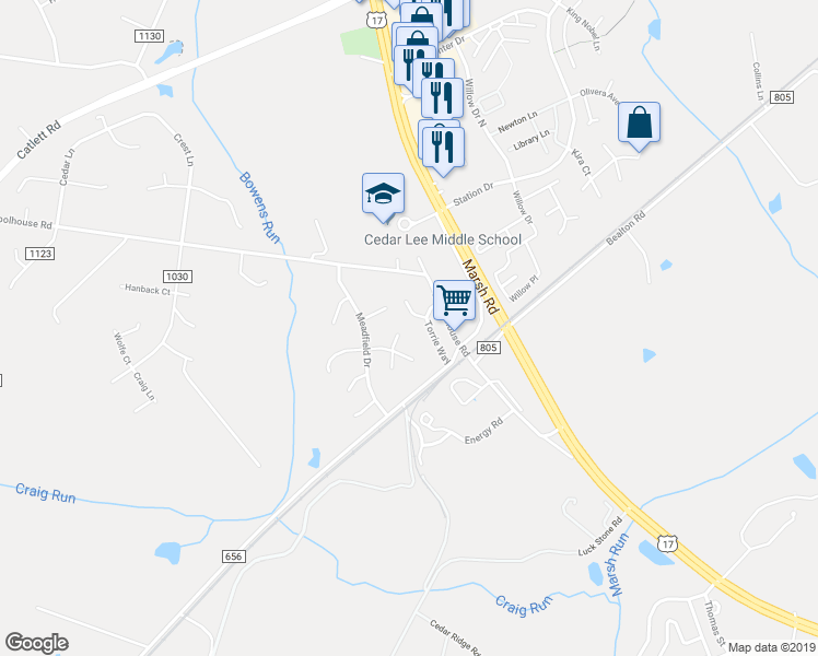 map of restaurants, bars, coffee shops, grocery stores, and more near 11241 Cedar Lee Court in Bealeton