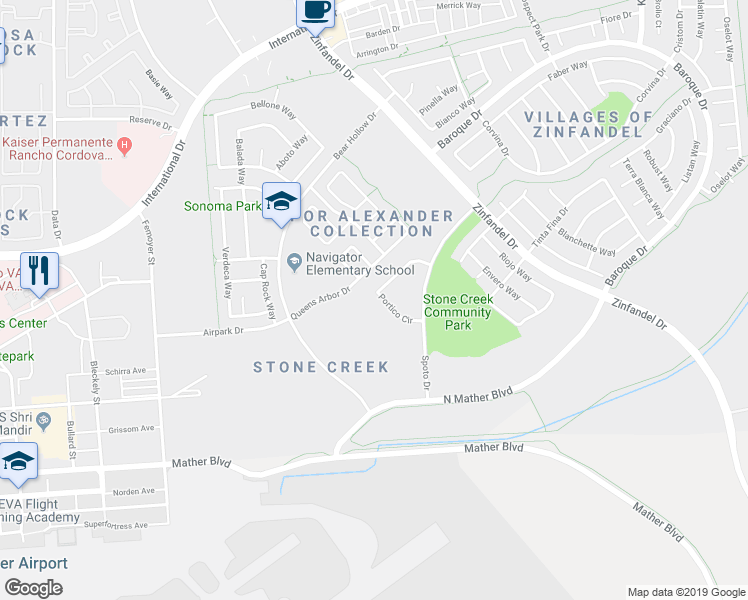 map of restaurants, bars, coffee shops, grocery stores, and more near 10825 Portico Circle in Rancho Cordova