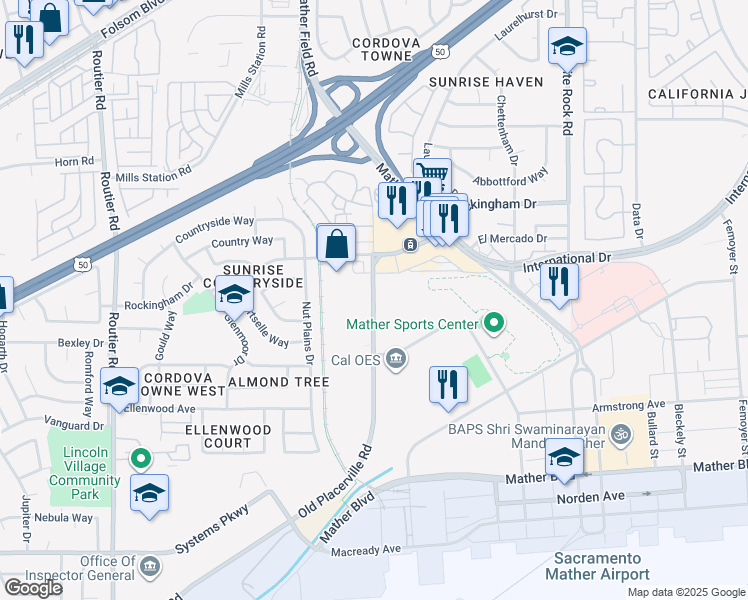 map of restaurants, bars, coffee shops, grocery stores, and more near 10470 Old Placerville Road in Sacramento