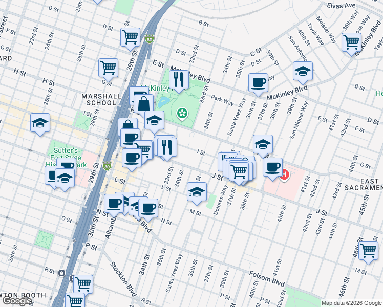 map of restaurants, bars, coffee shops, grocery stores, and more near 3400 I Street in Sacramento