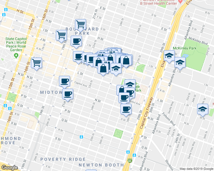 map of restaurants, bars, coffee shops, grocery stores, and more near 2430 L Street in Sacramento