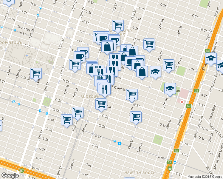 map of restaurants, bars, coffee shops, grocery stores, and more near 2150 Capitol Avenue in Sacramento