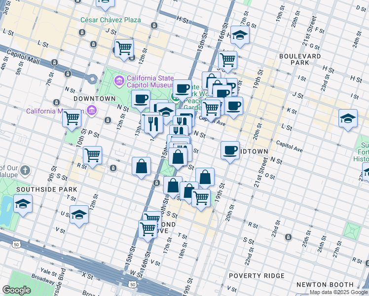 map of restaurants, bars, coffee shops, grocery stores, and more near 1520 16th Street in Sacramento