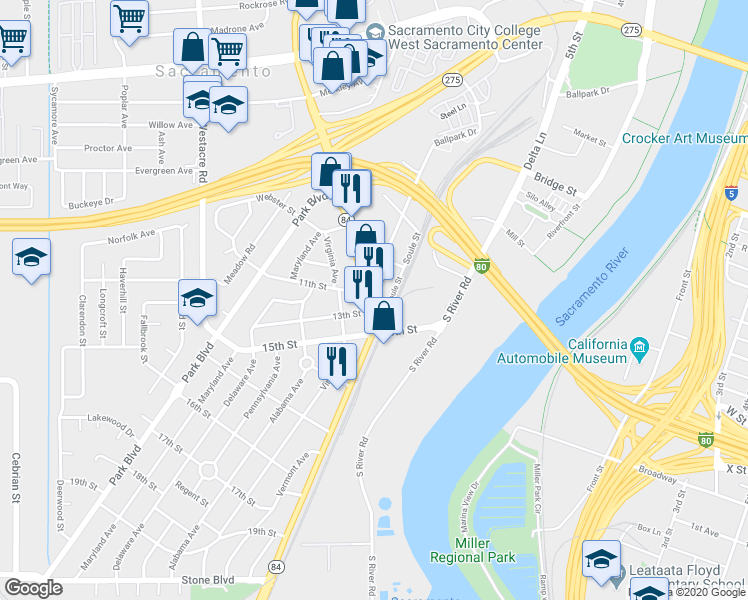 map of restaurants, bars, coffee shops, grocery stores, and more near 1102 Jefferson Boulevard in West Sacramento