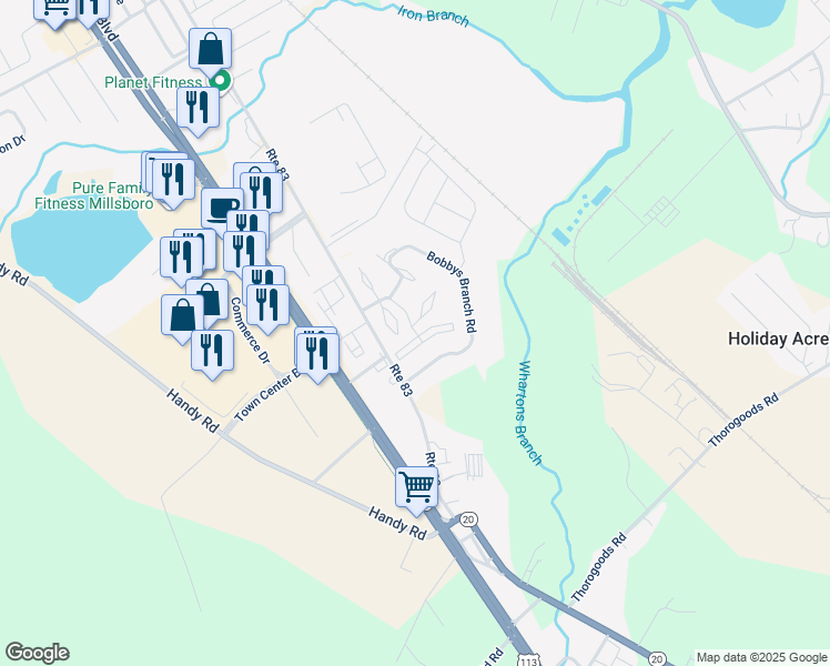 map of restaurants, bars, coffee shops, grocery stores, and more near 4301 Caitlins Way in Millsboro