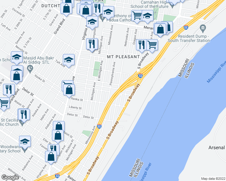 map of restaurants, bars, coffee shops, grocery stores, and more near 2900 Mount Pleasant Street in St. Louis