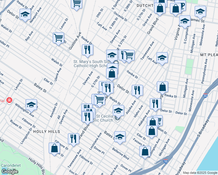 map of restaurants, bars, coffee shops, grocery stores, and more near 5034 Grace Avenue in St. Louis