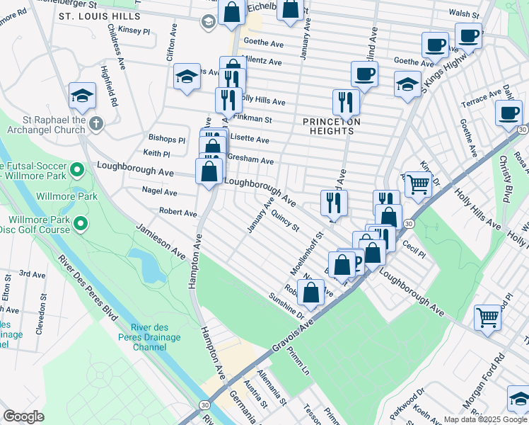 map of restaurants, bars, coffee shops, grocery stores, and more near 5411 Blow Street in St. Louis