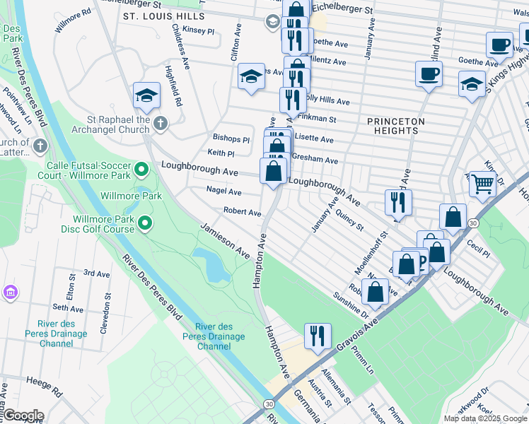 map of restaurants, bars, coffee shops, grocery stores, and more near 5460 Nagel Avenue in St. Louis
