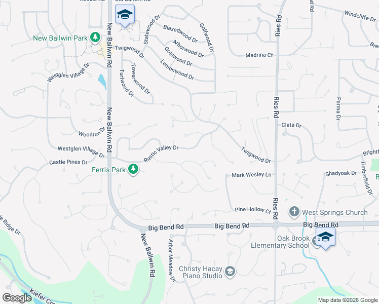 map of restaurants, bars, coffee shops, grocery stores, and more near 606 Rustic Valley Drive in Ballwin