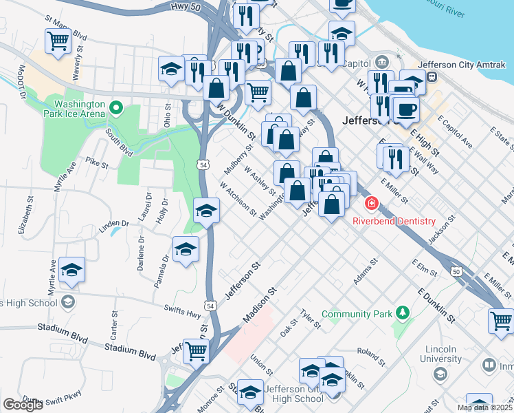 map of restaurants, bars, coffee shops, grocery stores, and more near 214 West Atchison Street in Jefferson City