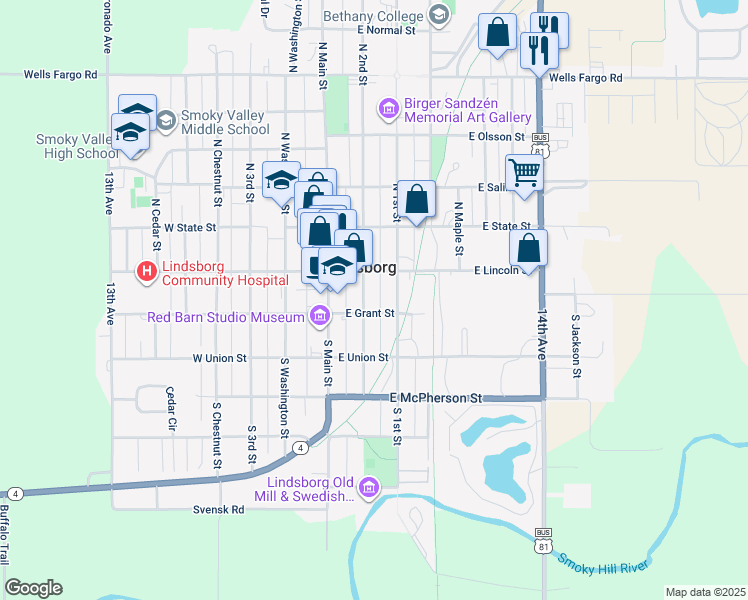 map of restaurants, bars, coffee shops, grocery stores, and more near 125 South 2nd Street in Lindsborg