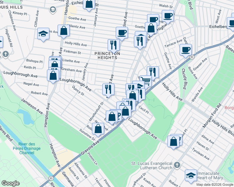 map of restaurants, bars, coffee shops, grocery stores, and more near 4962 Schollmeyer Avenue in St. Louis