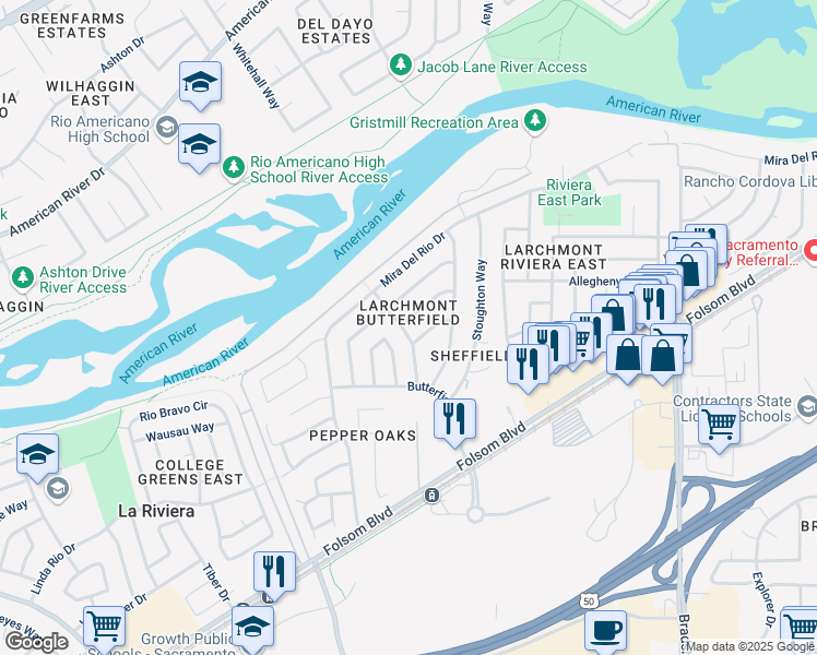 map of restaurants, bars, coffee shops, grocery stores, and more near 9452 Alcosta Way in Sacramento