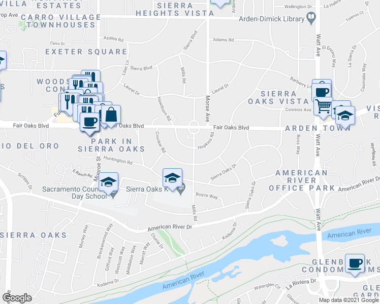 map of restaurants, bars, coffee shops, grocery stores, and more near 440 Hopkins Road in Sacramento