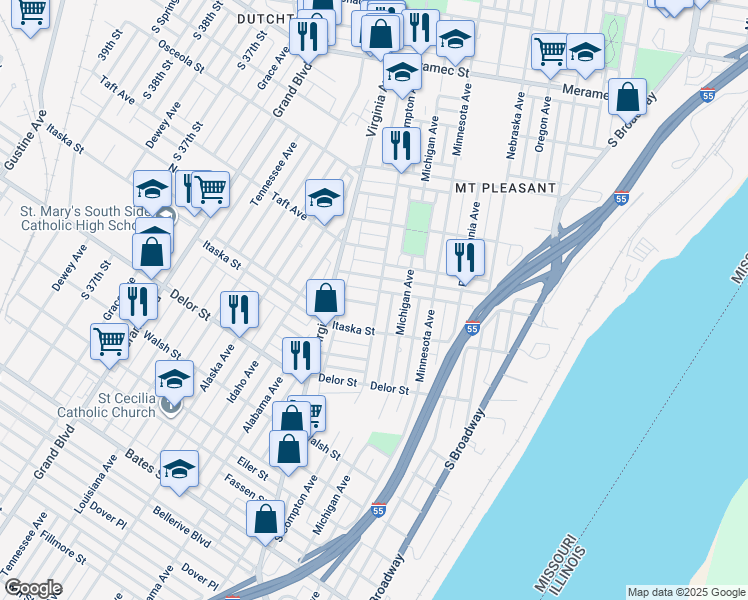map of restaurants, bars, coffee shops, grocery stores, and more near 3201 Pulaski Street in St. Louis