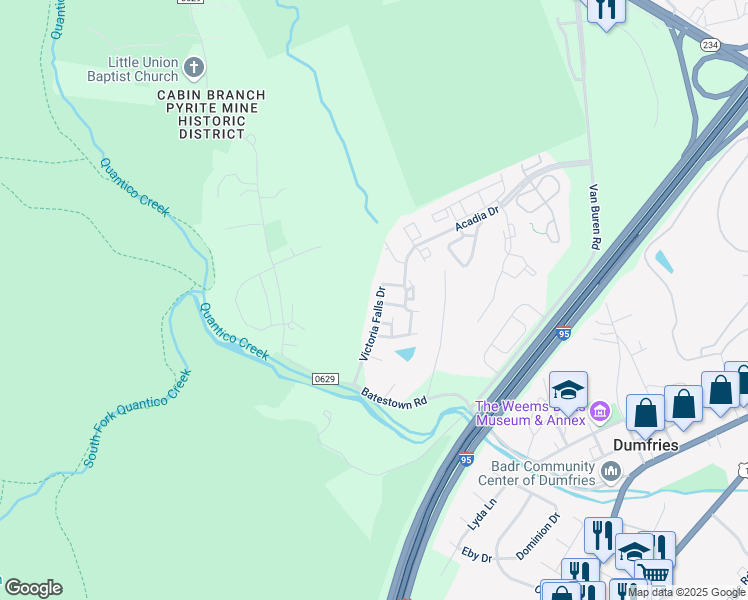 map of restaurants, bars, coffee shops, grocery stores, and more near 17548 Victoria Falls Drive in Dumfries