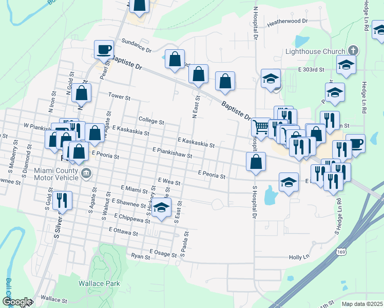map of restaurants, bars, coffee shops, grocery stores, and more near 702 East Piankishaw Street in Paola
