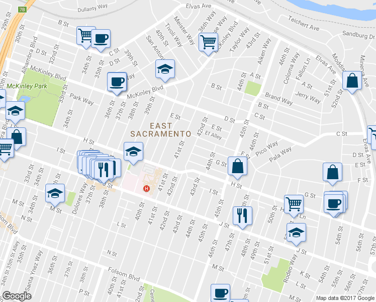 map of restaurants, bars, coffee shops, grocery stores, and more near 658 42nd Street in Sacramento