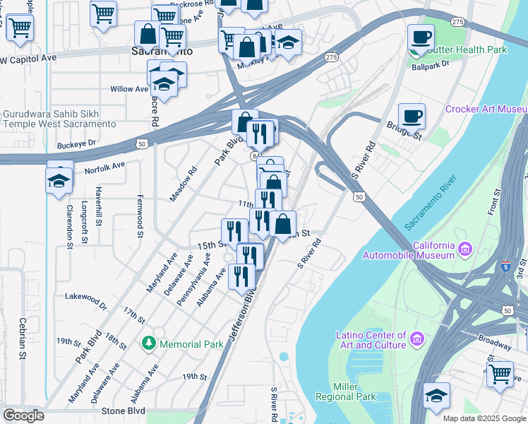 map of restaurants, bars, coffee shops, grocery stores, and more near 1102 Jefferson Boulevard in West Sacramento