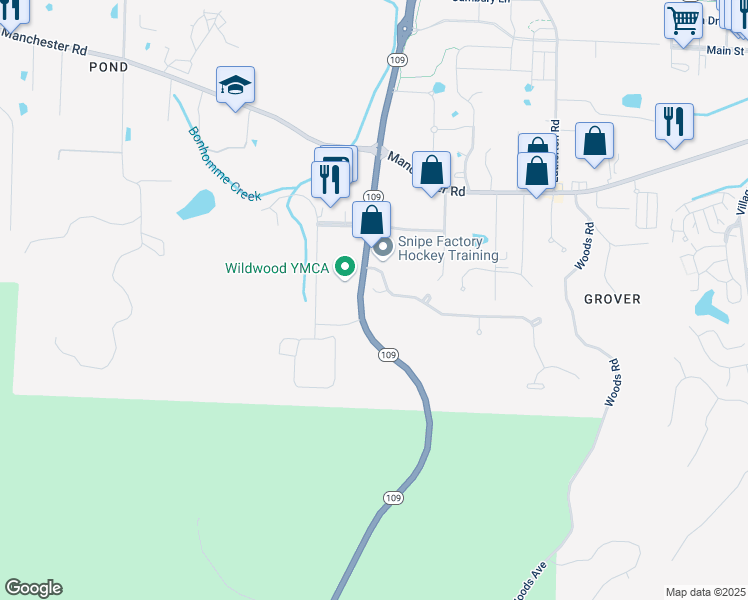 map of restaurants, bars, coffee shops, grocery stores, and more near 2718 Westridge Pines Court in Wildwood