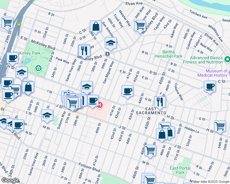 map of restaurants, bars, coffee shops, grocery stores, and more near 675 40th Street in Sacramento