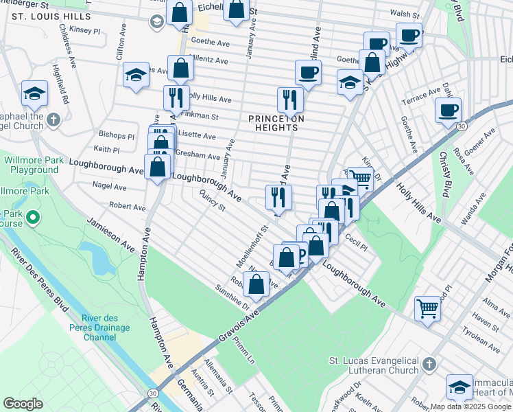 map of restaurants, bars, coffee shops, grocery stores, and more near 5247 Loughborough Avenue in St. Louis