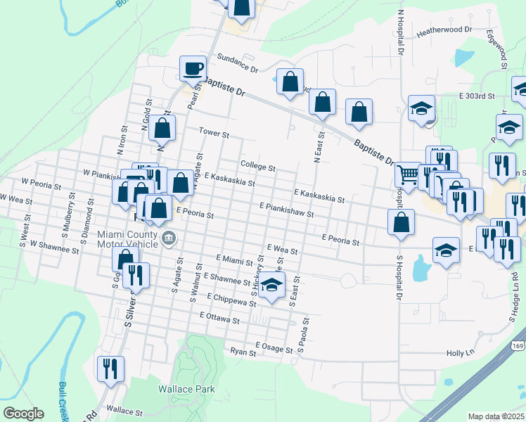 map of restaurants, bars, coffee shops, grocery stores, and more near 407 East Piankishaw Street in Paola
