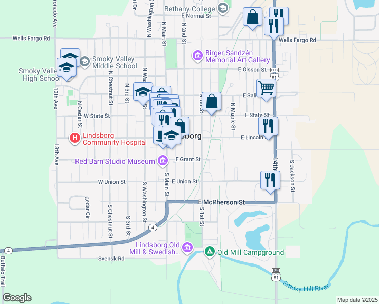 map of restaurants, bars, coffee shops, grocery stores, and more near 125 South 2nd Street in Lindsborg