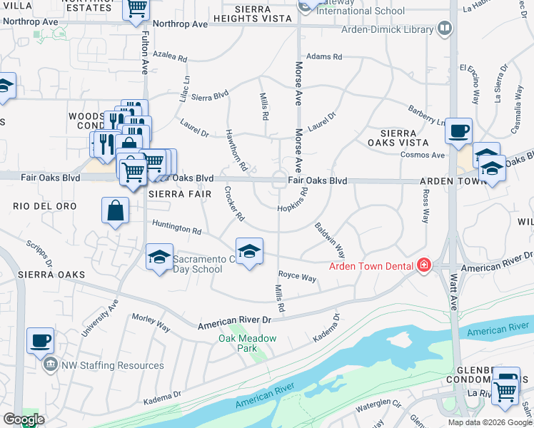 map of restaurants, bars, coffee shops, grocery stores, and more near 440 Hopkins Road in Sacramento