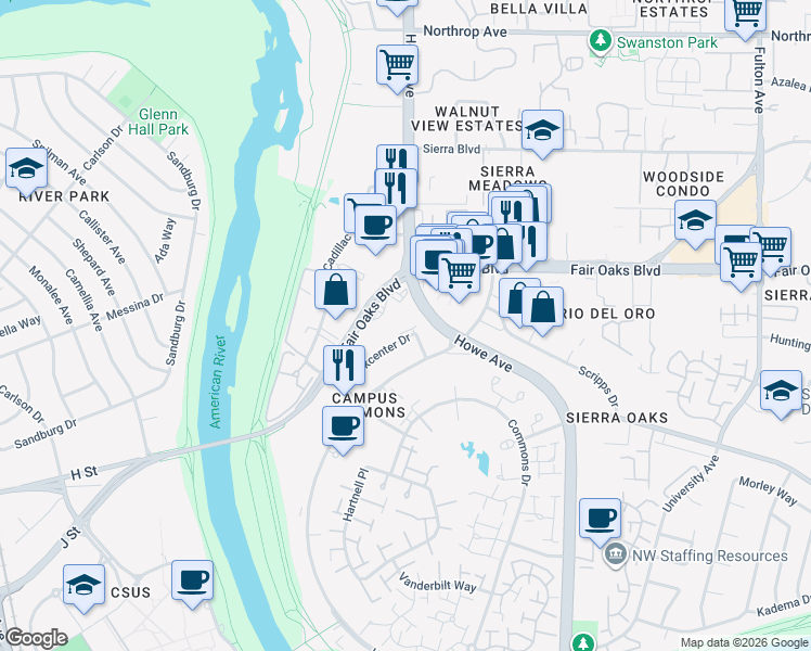 map of restaurants, bars, coffee shops, grocery stores, and more near 3 Parkcenter Drive in Sacramento
