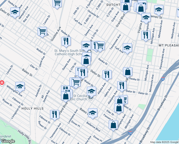 map of restaurants, bars, coffee shops, grocery stores, and more near 5000 South Grand Boulevard in St. Louis