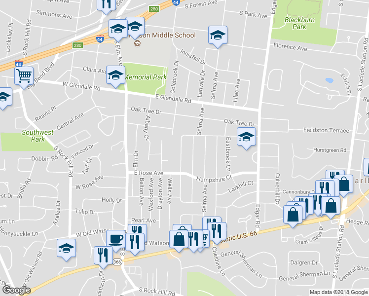 map of restaurants, bars, coffee shops, grocery stores, and more near 1122 Pinetree Lane in Webster Groves
