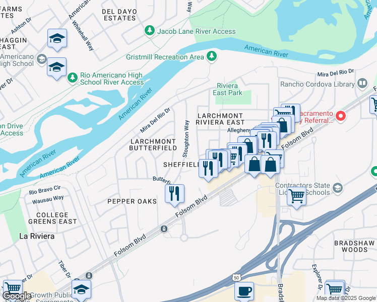 map of restaurants, bars, coffee shops, grocery stores, and more near 2643 Stoughton Way in Sacramento
