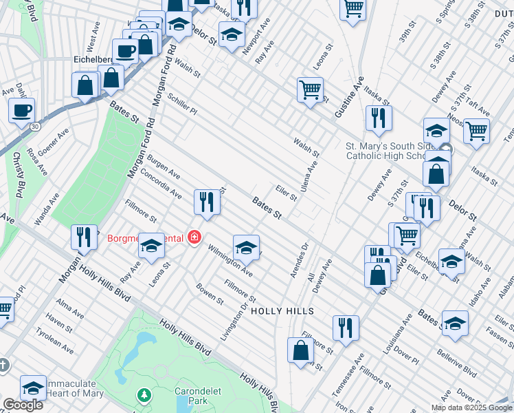 map of restaurants, bars, coffee shops, grocery stores, and more near 3956 Bates Street in St. Louis