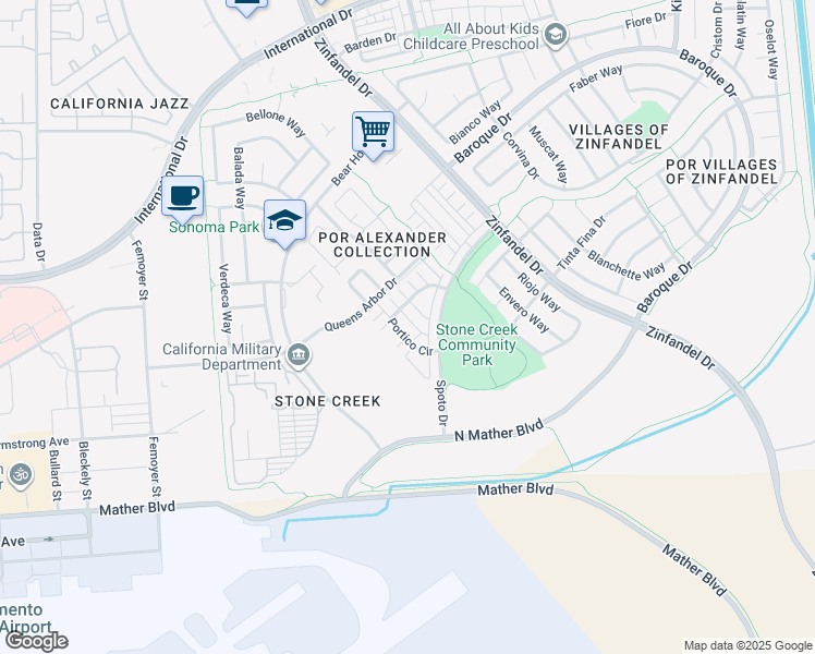 map of restaurants, bars, coffee shops, grocery stores, and more near 10814 Portico Circle in Rancho Cordova
