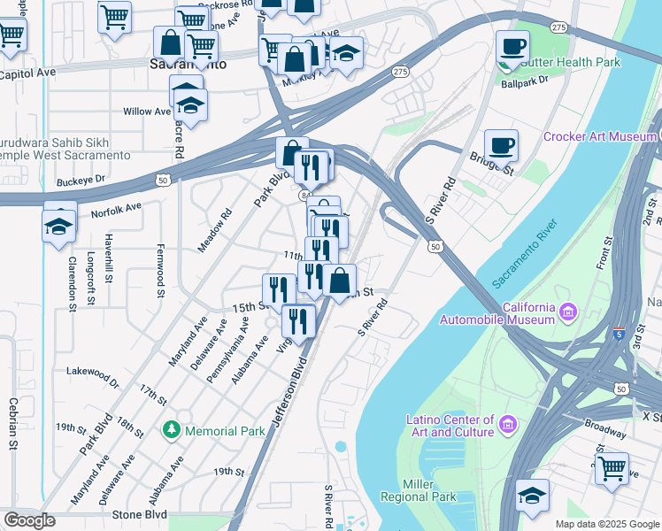 map of restaurants, bars, coffee shops, grocery stores, and more near 1102 Jefferson Boulevard in West Sacramento