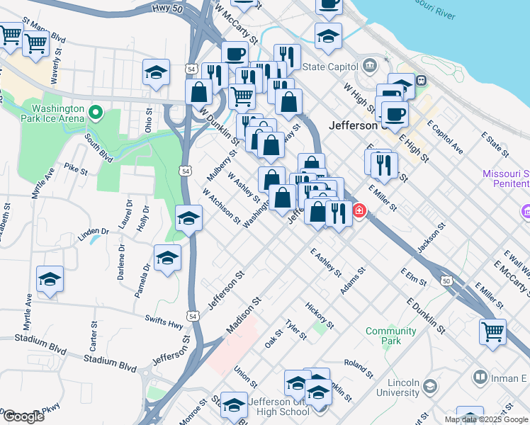 map of restaurants, bars, coffee shops, grocery stores, and more near 801 Washington Street in Jefferson City