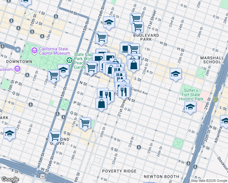 map of restaurants, bars, coffee shops, grocery stores, and more near 1927 N Street in Sacramento
