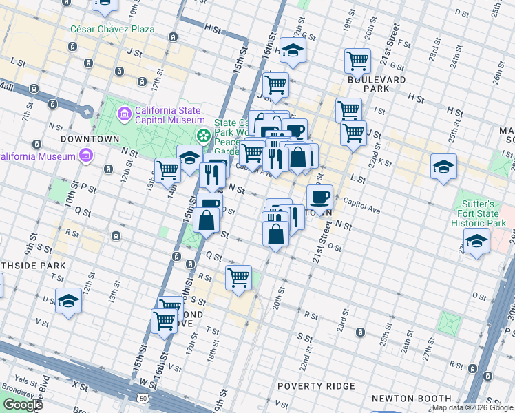 map of restaurants, bars, coffee shops, grocery stores, and more near 1414 18th Street in Sacramento